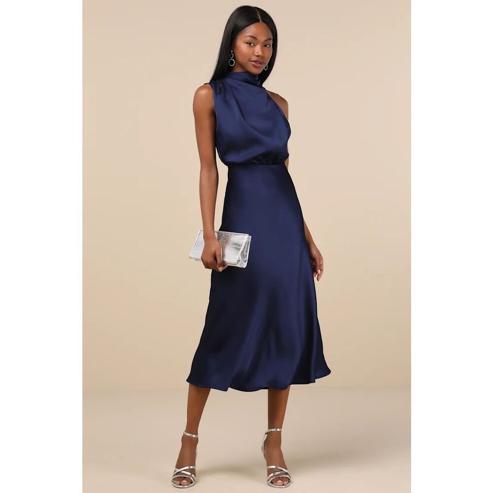 Lulus Distinctive Charm Navy Satin Asymmetrical Midi Dress Size XL NWT